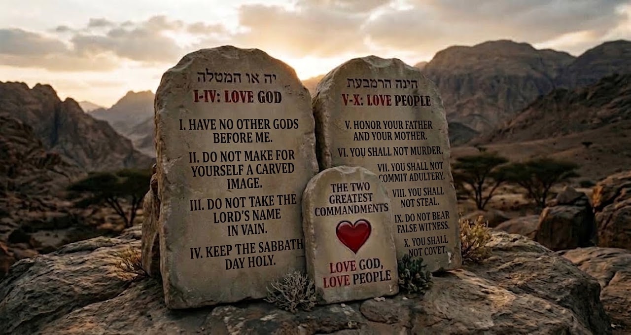 The Ten Commandments — I-IV: Love God, V-X: Love People