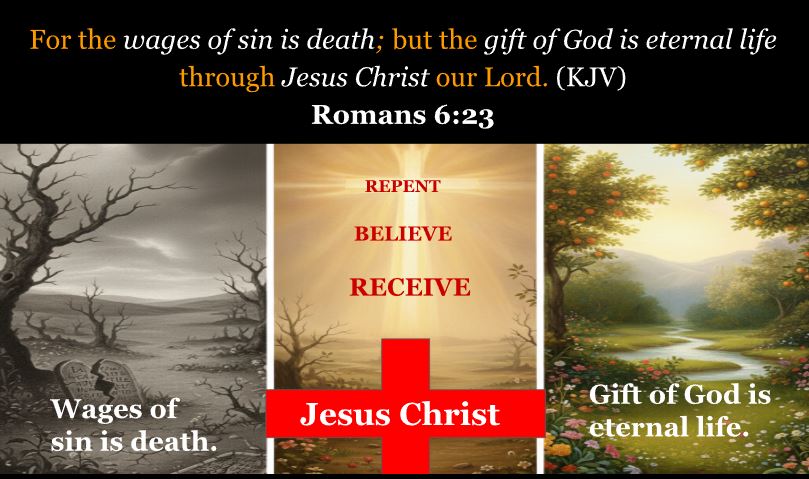 Romans 6:23 — The wages of sin is death; but the gift of God is eternal life through Jesus Christ our Lord.